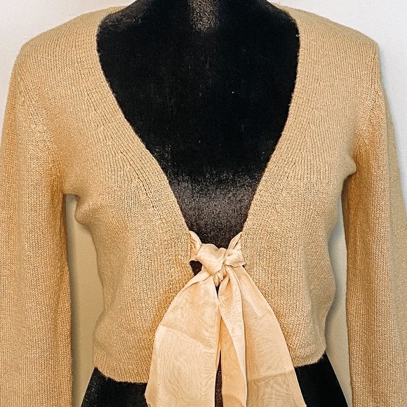 INC International Concepts Mustard 3/4 sleeve Sequined Cuffs & Tie Front Sweater - Picture 7 of 12